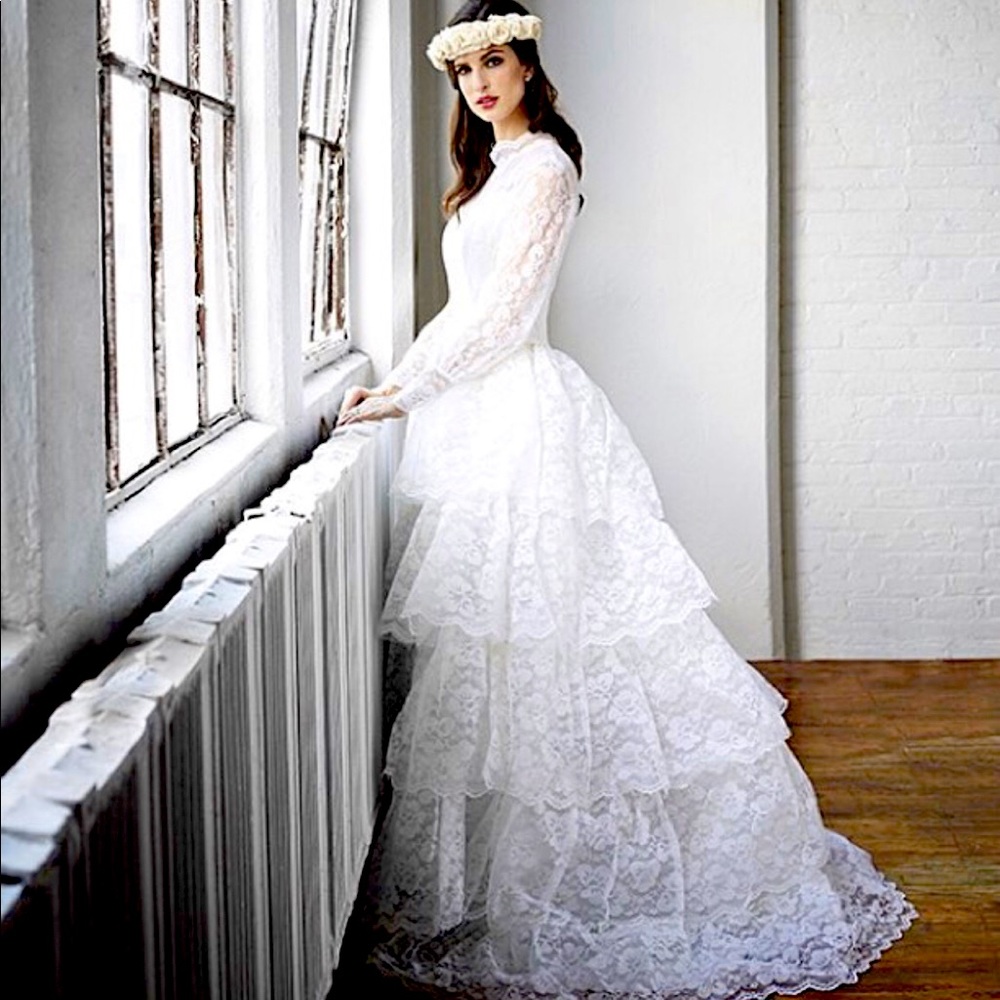 Vintage 1970s boho floral lace wedding dress